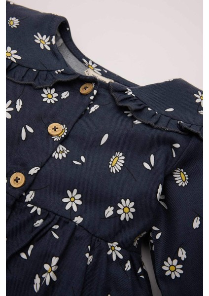 Kız Bebek Çiçekli Uzun Kollu Yakası Fırfırlı Twill Elbise D5633A524WN