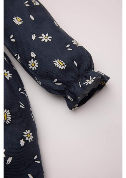 Kız Bebek Çiçekli Uzun Kollu Yakası Fırfırlı Twill Elbise D5633A524WN