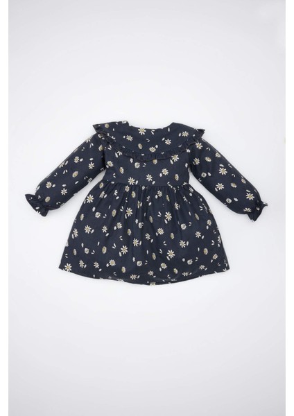 Kız Bebek Çiçekli Uzun Kollu Yakası Fırfırlı Twill Elbise D5633A524WN