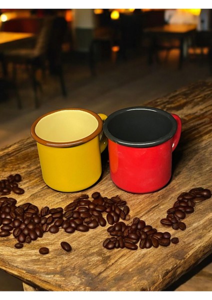 Emaye Kordonlu Kupa - Emaye Kampçı Kupası - Kahve Fincanı - Kamp Bardağı Sarı Kırmızı 350 ml