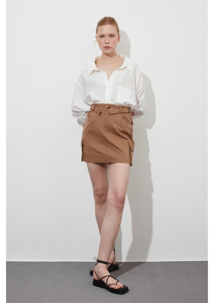 Kargo Cepli Camel Denim Mini Etek