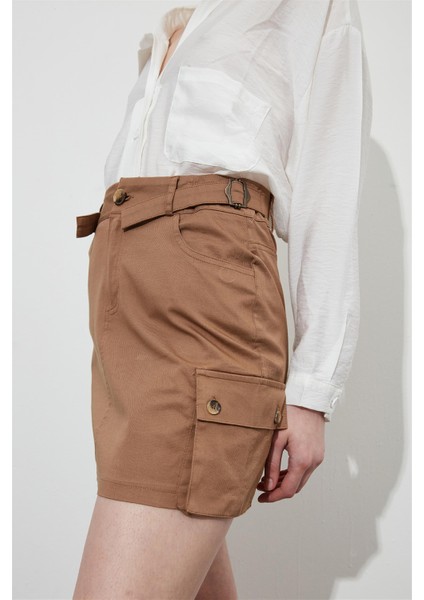 Kargo Cepli Camel Denim Mini Etek