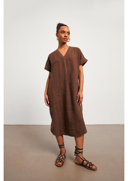Keten Oversize V Yaka Kahverengi Uzun Elbise