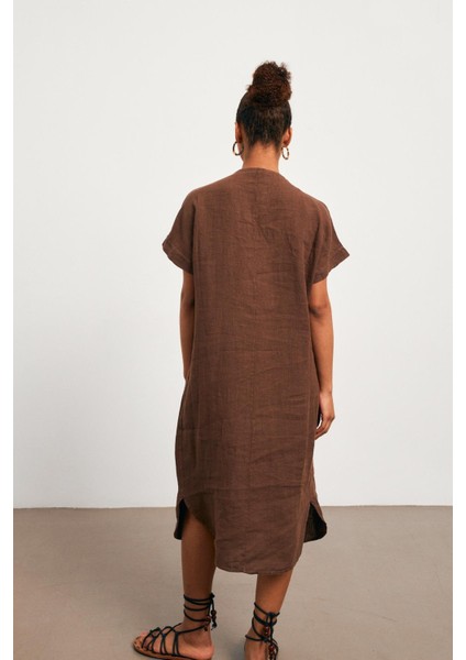 Keten Oversize V Yaka Kahverengi Uzun Elbise