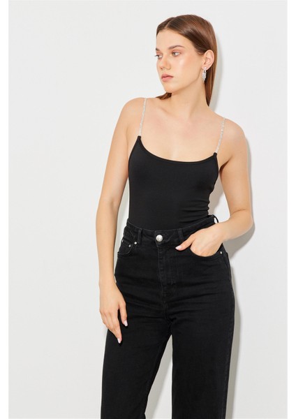 Taş Detaylı Sırt Dekolteli Askılı Siyah Bodysuit fırsatları