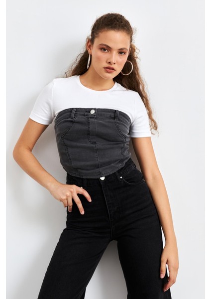 Düz Yakalı Kemerli Antrasit Kadın Denim Crop Top