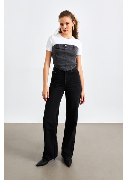 Düz Yakalı Kemerli Antrasit Kadın Denim Crop Top fiyatları