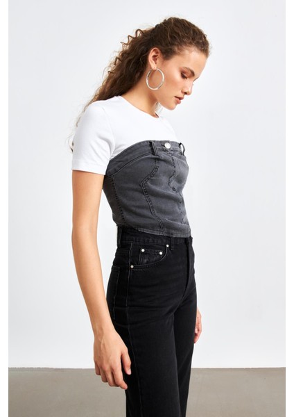 Düz Yakalı Kemerli Antrasit Kadın Denim Crop Top fırsatları