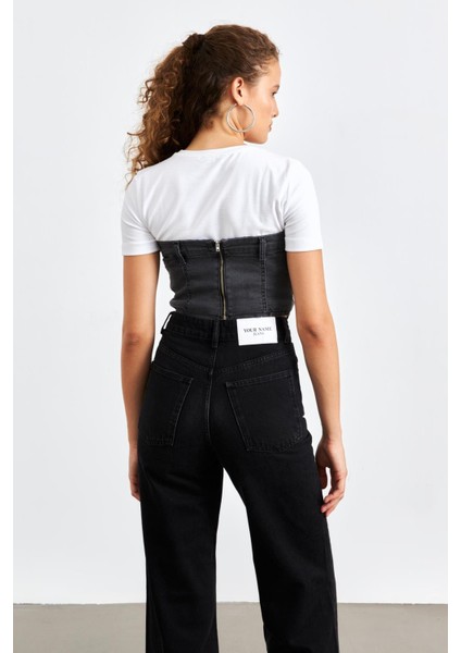 Düz Yakalı Kemerli Antrasit Kadın Denim Crop Top indirimleri