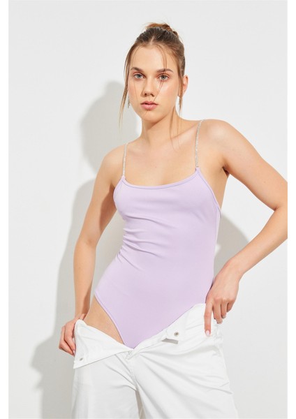 Taş Detaylı Sırt Dekolteli Askılı Lila Bodysuit