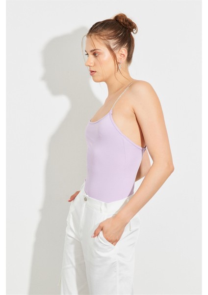 Taş Detaylı Sırt Dekolteli Askılı Lila Bodysuit
