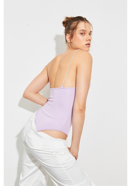Taş Detaylı Sırt Dekolteli Askılı Lila Bodysuit
