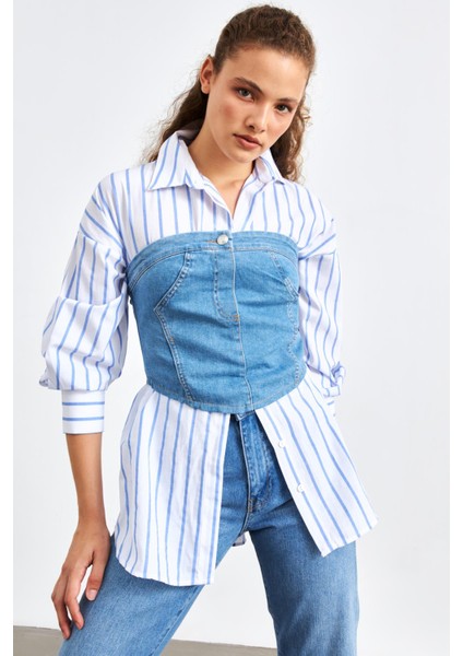 Düz Yakalı Kemerli Mavi Kadın Denim Crop Top