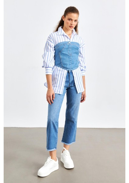 Düz Yakalı Kemerli Mavi Kadın Denim Crop Top fiyatları