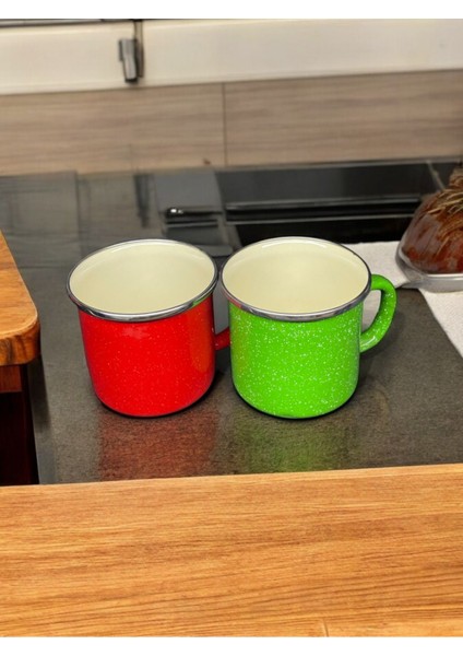 Emaye Kupa - Ateşe Dayanıklı Kamp Bardak - Vintage Kırmızı Yeşil Çiftli 350 ml 9 cm fiyatları