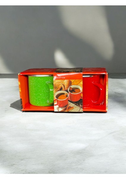 Emaye Kupa - Ateşe Dayanıklı Kamp Bardak - Vintage Kırmızı Yeşil Çiftli 350 ml 9 cm fırsatları
