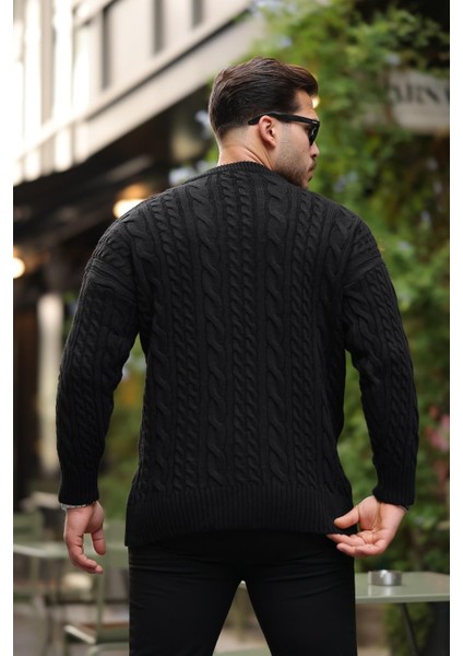 Comfort Fit Saç Örgü Bisiklet Yaka Triko Kazak - Siyah modelleri