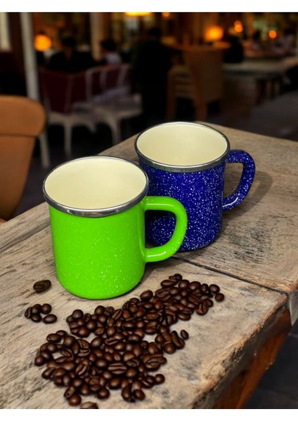Emaye Kahve Çay Kupa - Ateşe Dayanıklı Kamp Bardak - Vintage Lacivert Yeşil Çiftli 350 ml 8 cm