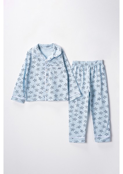 0051 9-12 Yaş Yakalı Yıldızlı Unisex Pijama Takım