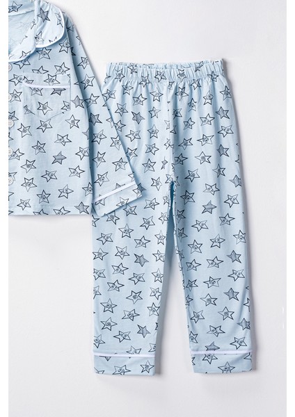 0051 9-12 Yaş Yakalı Yıldızlı Unisex Pijama Takım modelleri