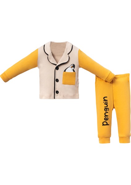 1056 6-18 Ay Düğmeli Penguen Baskılı Cepli Pijama Takım