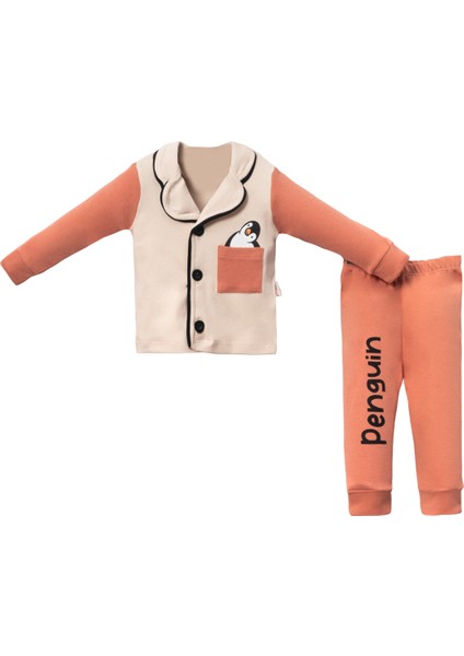 1056 6-18 Ay Düğmeli Penguen Baskılı Cepli Pijama Takım