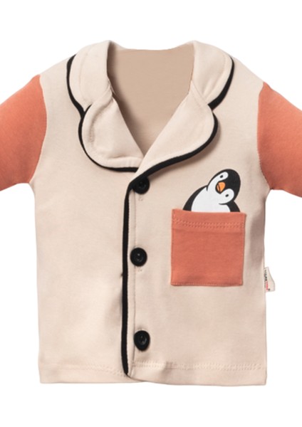 1056 6-18 Ay Düğmeli Penguen Baskılı Cepli Pijama Takım modelleri