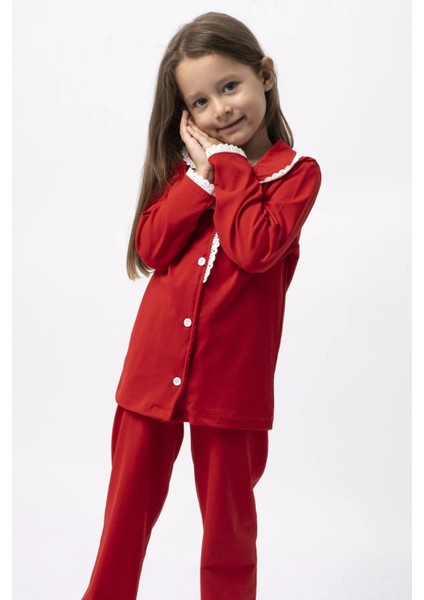 048 5-7 Yaş Dantelli Biyeli Kız Pijama Takımı