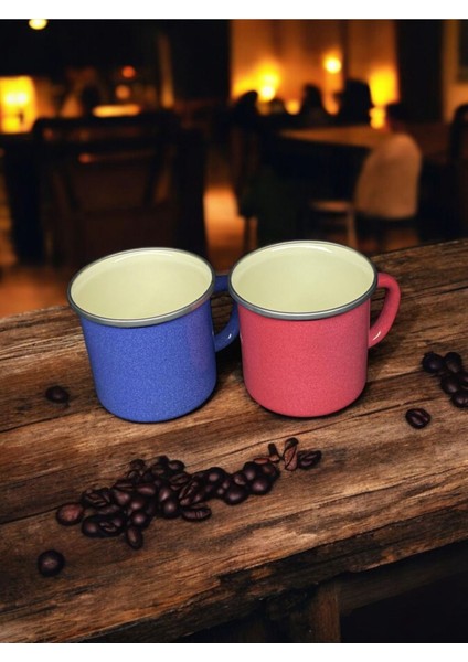 Emaye Kupa - Vintage Kamp Kahve Çay Kupası - Mavi Kırmızı - 10 cm - 400 ml - 2'li