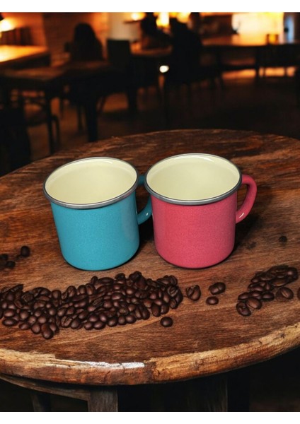 Emaye Kupa - Vintage Kamp Kahve Çay Kupası - Turkuaz Kırmızı - 10 cm - 400 ml - 2'li