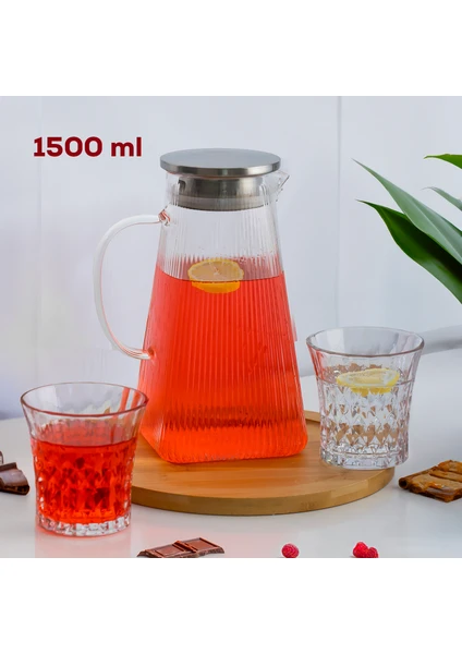 15309 Borosilikat Cam Sürahi Metal Kapaklı Cam Karaf - Detoks Sürahi 1500 ml