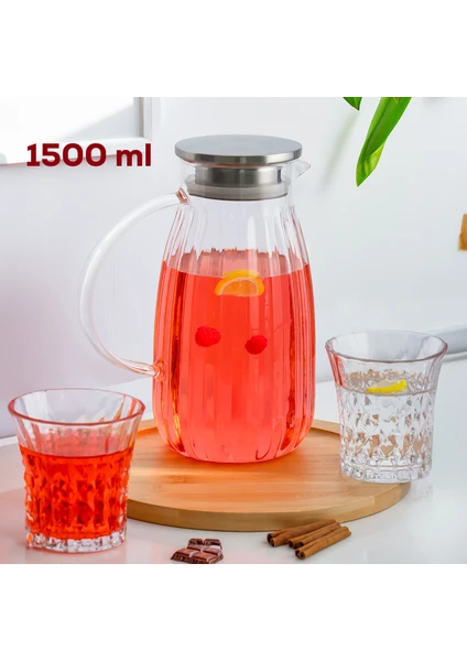 15316 Borosilikat Cam Sürahi Metal Kapaklı Cam Karaf - Detoks Sürahi 1500 ml