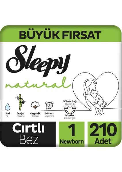 Natural Büyük Fırsat Paketi Bebek Bezi 1 Numara Yenidoğan 210 Adet + Baby Turco Baby Turco Doğadan Yenidoğan Islak Bebek Havlusu 6 x 60 Yaprak