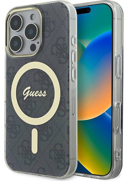 Apple iPhone 16 Pro Uyumlu Kılıf Guess Orjinal Lisanslı Magsafe Şarj Özellikli Yazı Logo 4g Desenli Siyah