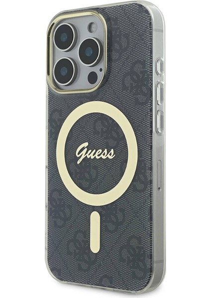 Apple iPhone 16 Pro Uyumlu Kılıf Guess Orjinal Lisanslı Magsafe Şarj Özellikli Yazı Logo 4g Desenli Siyah