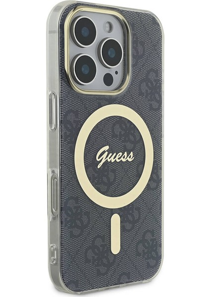 Apple iPhone 16 Pro Uyumlu Kılıf Guess Orjinal Lisanslı Magsafe Şarj Özellikli Yazı Logo 4g Desenli Siyah