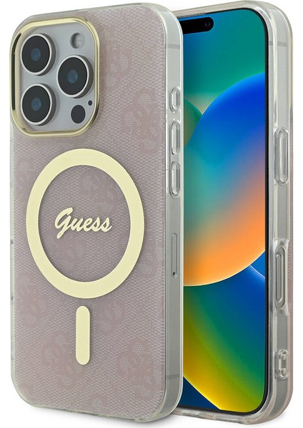Apple iPhone 16 Pro Max Uyumlu Kılıf Guess Orjinal Lisanslı Magsafe Özellikli Yazı Logolu 4g Desenli Pembe