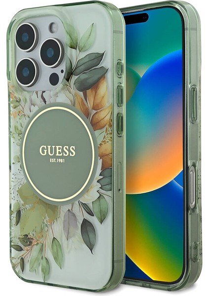 Apple iPhone 16 Pro Uyumlu Kılıf Guess Orjinal Lisanslı Magsafe Şarj Özellikli Flower Tonal Circle Yeşil