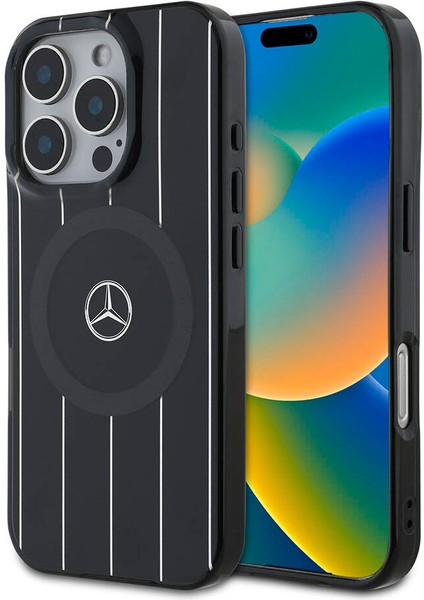 Apple iPhone 16 Pro Kılıf Mercedes-Benz Lisanslı Magsafe Özellik Çift Katmanlı Paralel Çizgi Desenli Siyah
