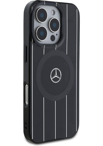 Apple iPhone 16 Pro Kılıf Mercedes-Benz Lisanslı Magsafe Özellik Çift Katmanlı Paralel Çizgi Desenli Siyah modelleri