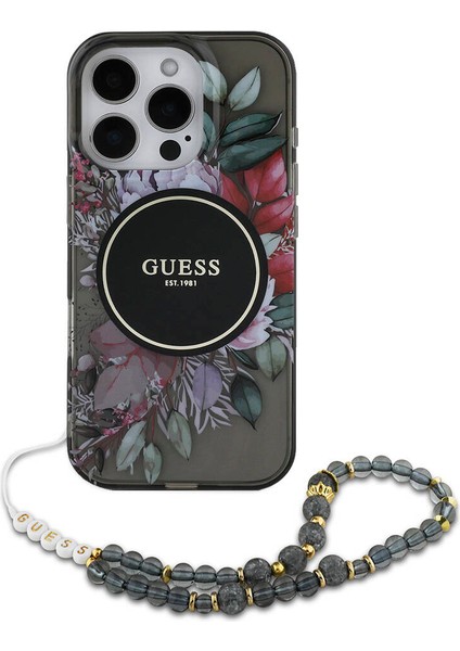 Apple iPhone 16 Pro Max Kılıf Guess Orjinal Lisans Magsafe Özellik Iml Baskılı Çiçek Inci Bileklikli Siyah