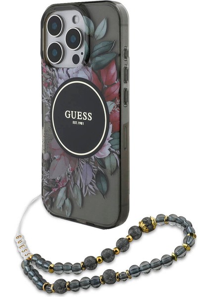 Apple iPhone 16 Pro Max Kılıf Guess Orjinal Lisans Magsafe Özellik Iml Baskılı Çiçek Inci Bileklikli Siyah