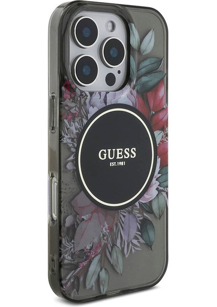 Apple iPhone 16 Pro Max Kılıf Guess Orjinal Lisans Magsafe Özellik Iml Baskılı Çiçek Inci Bileklikli Siyah