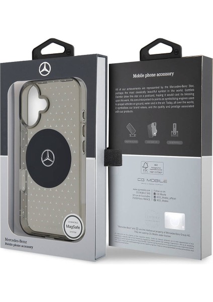 Apple iPhone 16 Uyumlu Kılıf Mercedes-Benz Orjinal Lisans Magsafe Özellik Yıldız Desenli Transparan Siyah indirimleri