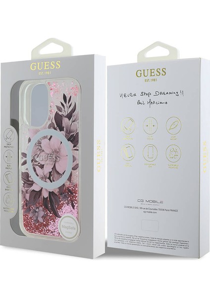 Apple iPhone 16 Uyumlu Kılıf Guess Orjinal Lisanslı Magsafe Özellikli Sıvılı Simli Çiçek Desenli Pembe indirimleri