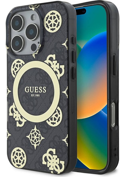 Apple iPhone 16 Pro Kılıf Guess Orjinal Lisanslı Magsafe Özellik Iml Peony ve 4g Desen Klasik Logolu Siyah