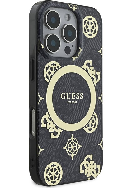 Apple iPhone 16 Pro Kılıf Guess Orjinal Lisanslı Magsafe Özellik Iml Peony ve 4g Desen Klasik Logolu Siyah modelleri