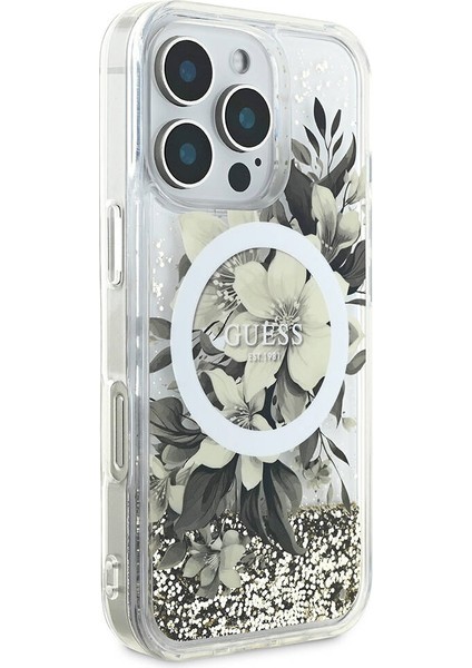 Apple iPhone 16 Pro Max Uyumlu Kılıf Guess Orjinal Lisanslı Magsafe Özellik Sıvılı Simli Çiçek Desenli Bej