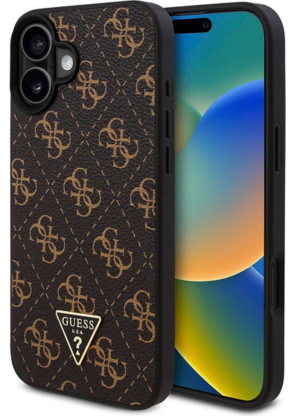Apple iPhone 16 Uyumlu Kılıf Guess Orjinal Lisanslı Pu Deri 4g Desenli Üçgen Logolu Kapak Siyah