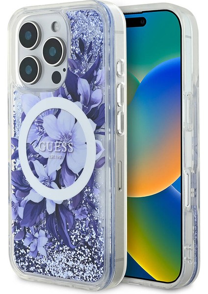 Apple iPhone 16 Pro Uyumlu Kılıf Guess Orjinal Lisanslı Magsafe Özellikli Sıvılı Simli Çiçek Desenli Mor